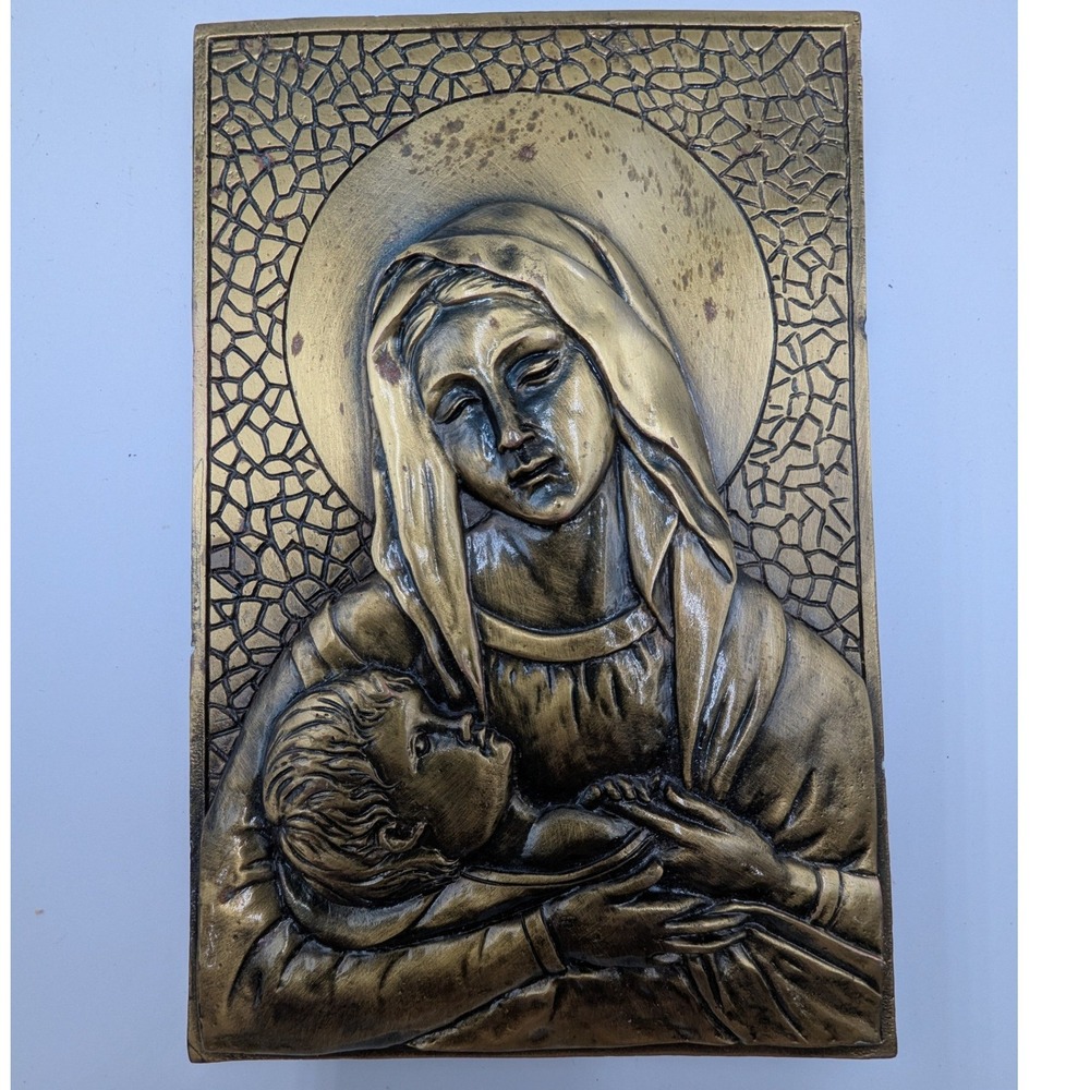 Vintage Brass Virgin Mary Infant Jesus Wall Plaque Relief Icon